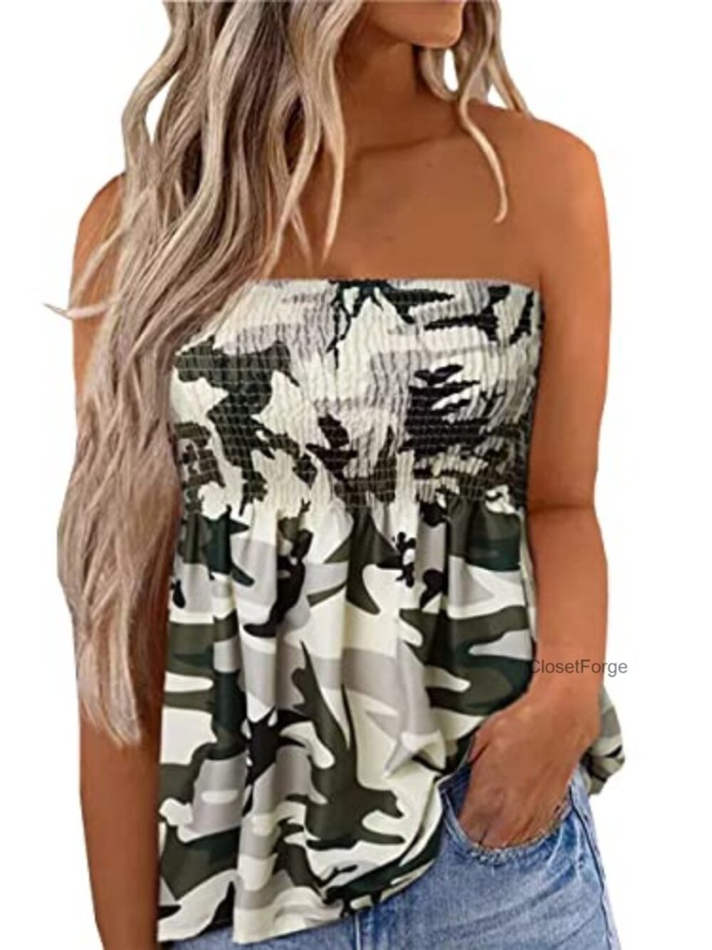 Women Floral Smocked Ruffled Strapless Bandeau Tank Top Backless Tube Top